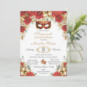 Red Gold Roses Floral Masquerade Ball Quinceanera  招待状 (スタンド正面)