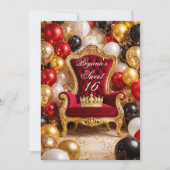 Red & Gold Royal Chair & Crown Birthday Party 招待状 (正面)