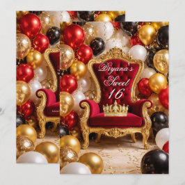 Red & Gold Royal Chair & Crown Birthday Party 招待状