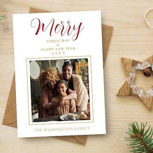 Red & Gold Simple Minimalist Merry Christmas Photo シーズンカード
