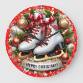 Red Gold Skates Merry Christmas ラージ壁時計 (正面)
