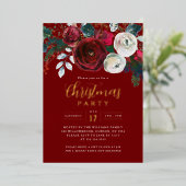 Red Gold Sparkle Festive Foliage Christmas Party  箔招待状 (立ち正面)