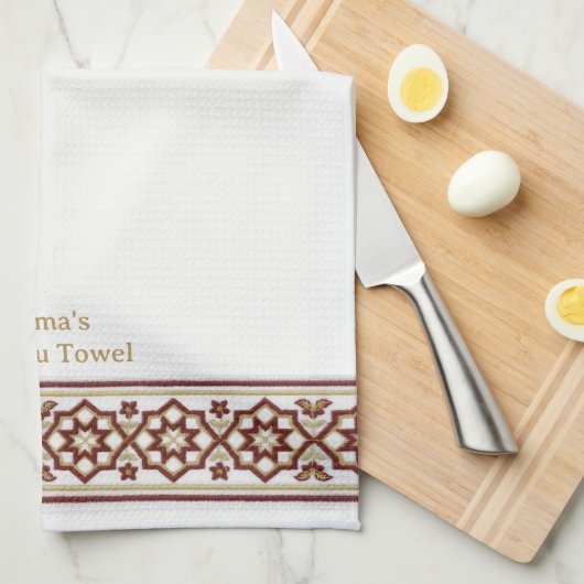 Red Gold Star Flower Border White Customized Wudhu キッチンタオル (四つ折り)