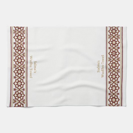 Red Gold Star Flower Border White Customized Wudhu キッチンタオル (横)