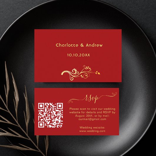 Red gold wedding response website QR code RSVP エンクロージャーカード