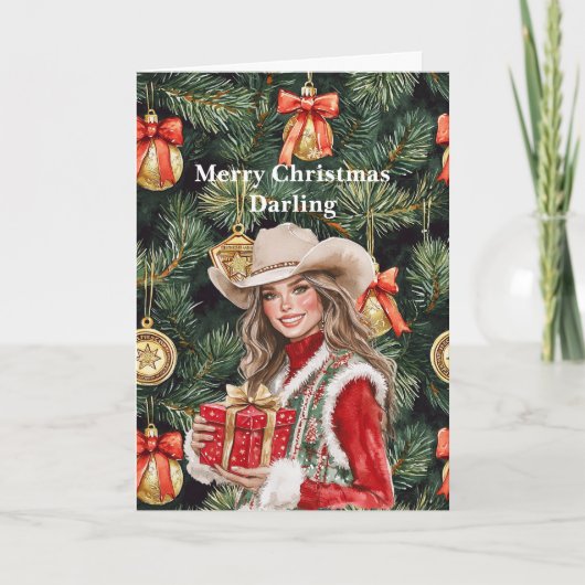 Red Gold Western Cowgirl Christmas  カード (正面)