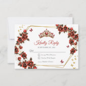 Red Golden Roses Tiara Butterflies Quinceañera 出欠カード (正面)