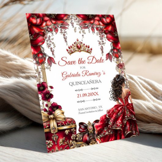 Red Golden Tiara Floral Quinceañera セーブザデート