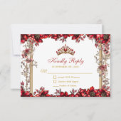 Red Golden Tiara Floral Quinceañera 出欠カード (正面)