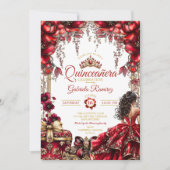 Red Golden Tiara Floral  Quinceañera 招待状 (正面)