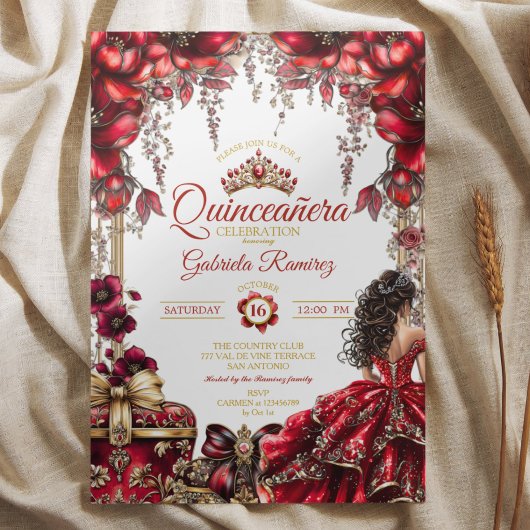 Red Golden Tiara Floral  Quinceañera 招待状