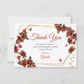 Red Golden Tiara Roses Butterflies Quinceañera サンキューカード (正面)