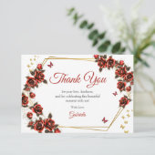 Red Golden Tiara Roses Butterflies Quinceañera サンキューカード (スタンド正面)