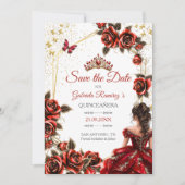 Red Golden Tiara Roses Butterfly Quinceañera セーブザデート (正面)