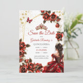 Red Golden Tiara Roses Butterfly Quinceañera セーブザデート (スタンド正面)
