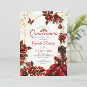 Red Golden Tiara Roses Butterfly Quinceañera 招待状 (スタンド正面)