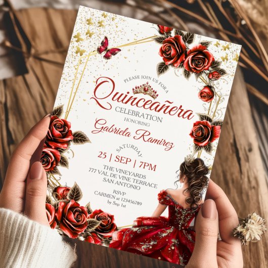 Red Golden Tiara Roses Butterfly Quinceañera 招待状