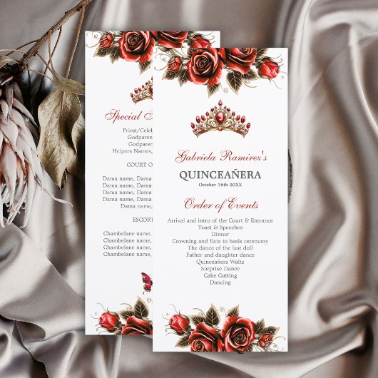 Red Golden Tiara Roses Quinceañera Program