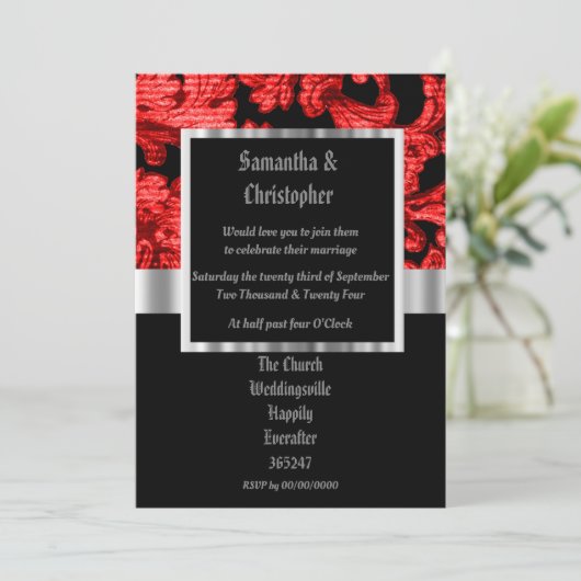 Red Gothic damask wedding photo invitation 招待状 (スタンド正面)
