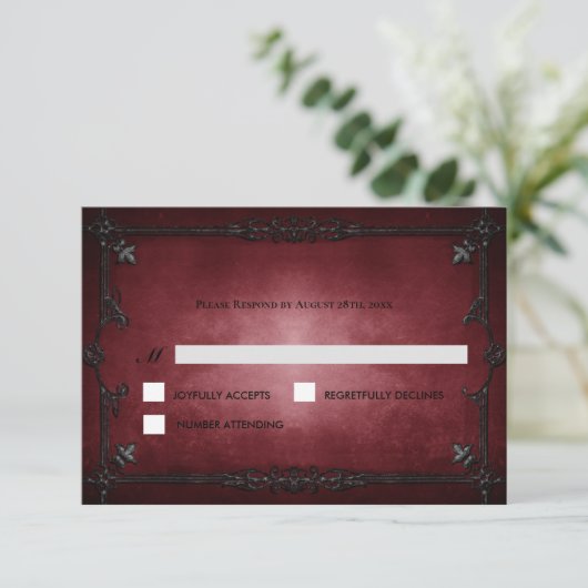 Red Gothic Halloween Alternative Wedding RSVP Card (スタンド正面)