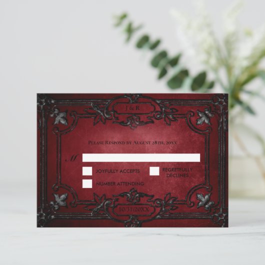 Red Gothic Halloween Alternative Wedding RSVP Card (スタンド正面)
