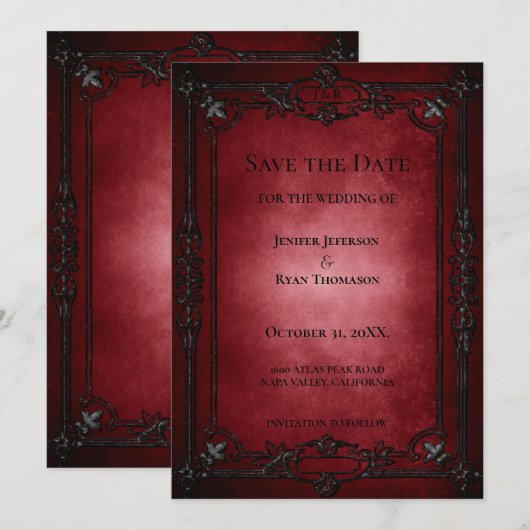 Red Gothic Halloween wedding save the date 案内状 (正面/裏面)