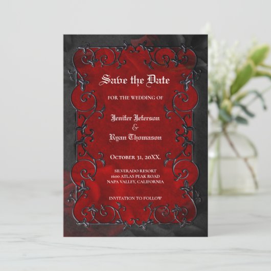 Red Gothic halloween wedding save the date 案内状 (スタンド正面)
