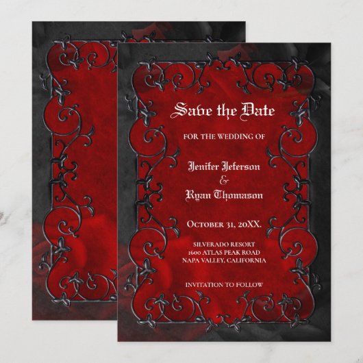 Red Gothic halloween wedding save the date 案内状 (正面/裏面)
