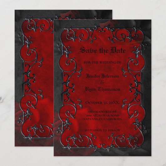 Red Gothic halloween wedding save the date 案内状 (正面/裏面)