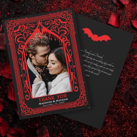 Red Gothic Vampire Cathedral Photo Wedding サンキューカード