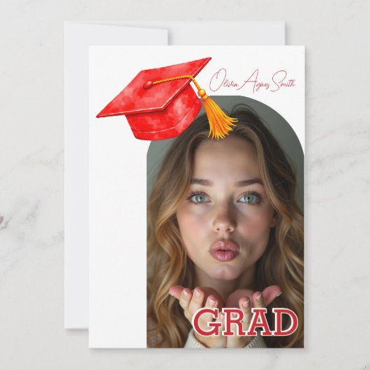 Red Graduation Hat Accent Dual‑Photo QR Code 招待状 (正面)