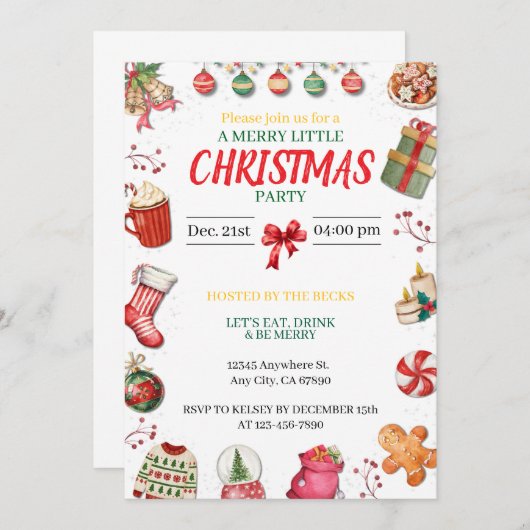 Red, Green and Gold Christmas Invitation 招待状 (正面/裏面)