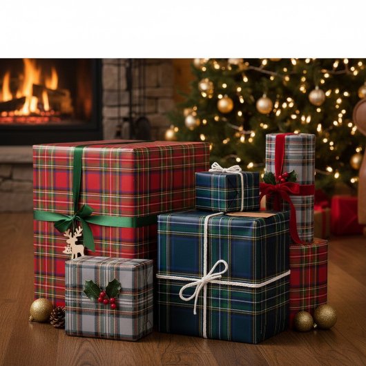 Red, Green, and Grey Tartan Wrapping Paper Flat  ラッピングペーパーシート