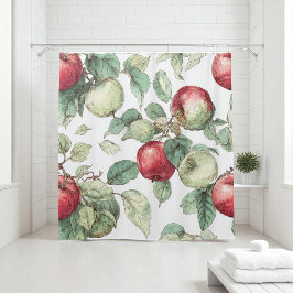 Red Green Apple Fruit Pattern Watercolor Rustic  シャワーカーテン