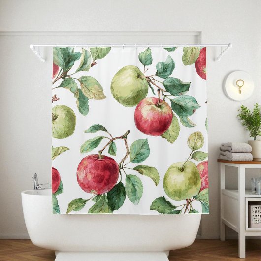 Red Green Apple Fruit Pattern Watercolor Rustic シャワーカーテン