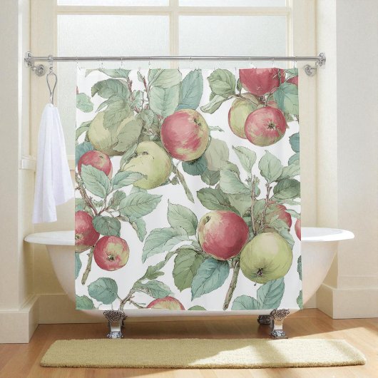 Red Green Apple Fruit Pattern Watercolor Rustic  シャワーカーテン