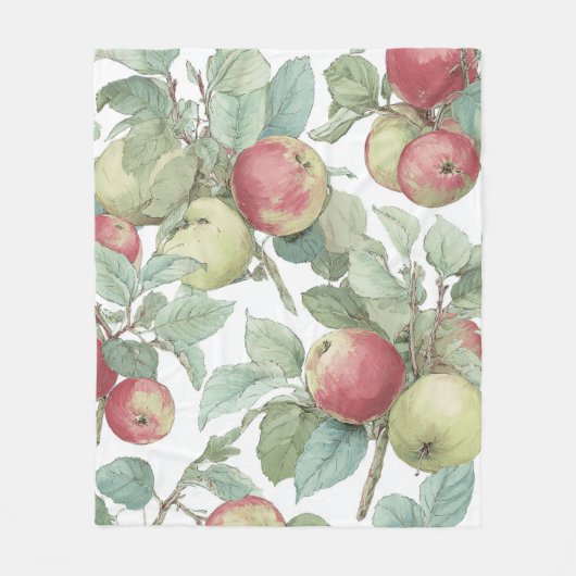 Red Green Apple Fruit Pattern Watercolor Rustic  フリースブランケット (正面)