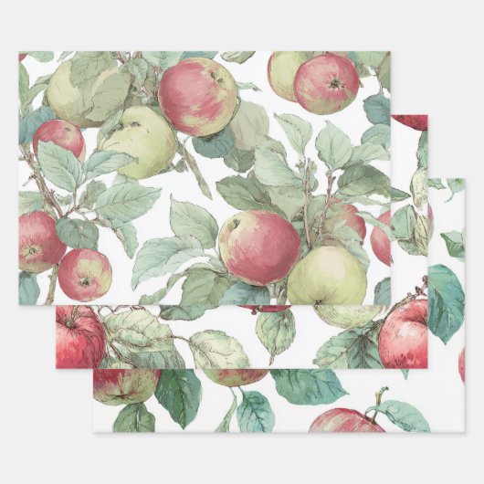Red Green Apple Fruit Pattern Watercolor Rustic  ラッピングペーパーシート (セット)