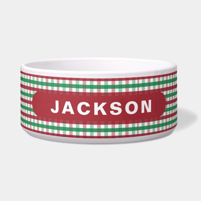 Red Green Buffalo Check Plaid Dog Name ボウル (正面)