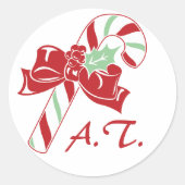 Red Green Candy Cane Christmas Monogram Sticker ラウンドシール (正面)