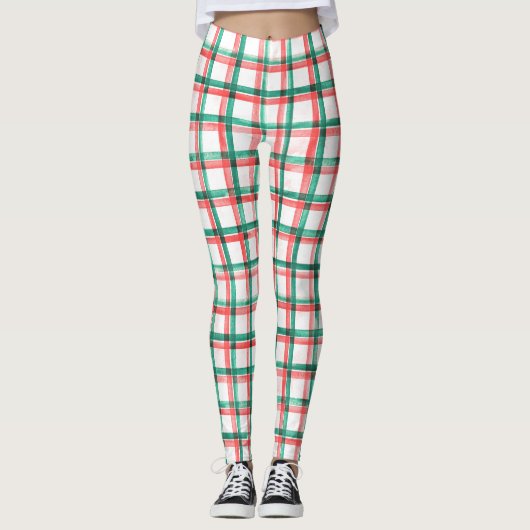 Red Green Check Plaid Christmas Leggings for Women レギンス (正面)