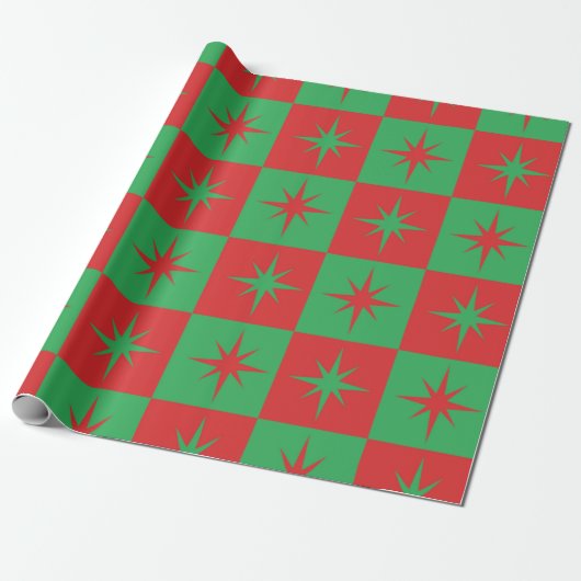 Red green checkered retro Christmas  starbursts  ラッピングペーパー (アンロールド)