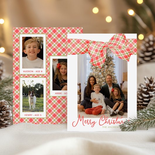 Red & Green Christmas Plaid Bow Wrap Photo シーズンカード