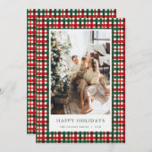 Red Green Christmas Plaid Photo Holiday Card シーズンカード (正面/裏面)