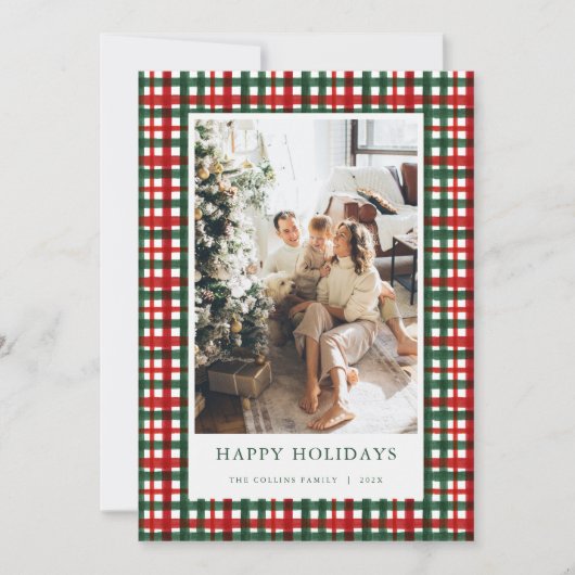 Red Green Christmas Plaid Photo Holiday Card シーズンカード (正面)