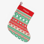 Red & Green Christmas Tree Love - Festive Holiday ラージクリスマスストッキング (正面 (吊り時))