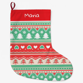 Red & Green Christmas Tree Love  - Festive Holiday ラージクリスマスストッキング