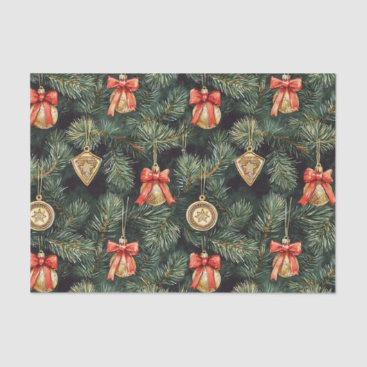 Red Green Christmas Trees Gold Ornaments 薄葉紙 (正面)