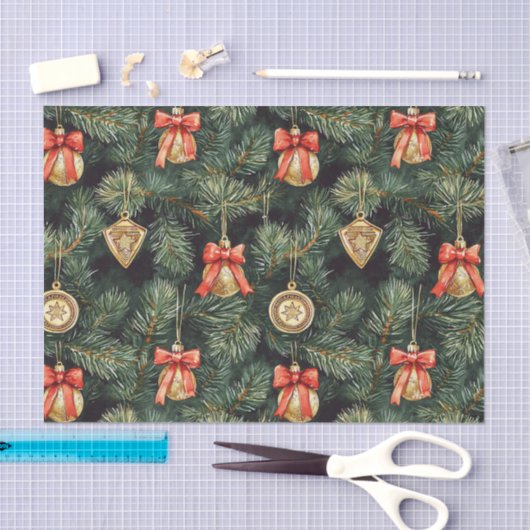 Red Green Christmas Trees Gold Ornaments 薄葉紙 (クラフト)