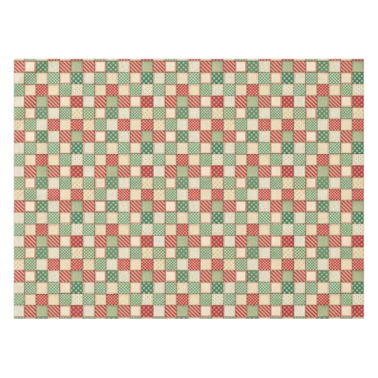 Red Green Cream Rustic Plaid Patchwork Quilt Look  テーブルクロス (正面(横))